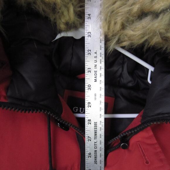 Guess Los Angeles Jacket Mens Medium Red Hooded Parka Faux Fur Trim Insulated - Picture 3 of 9